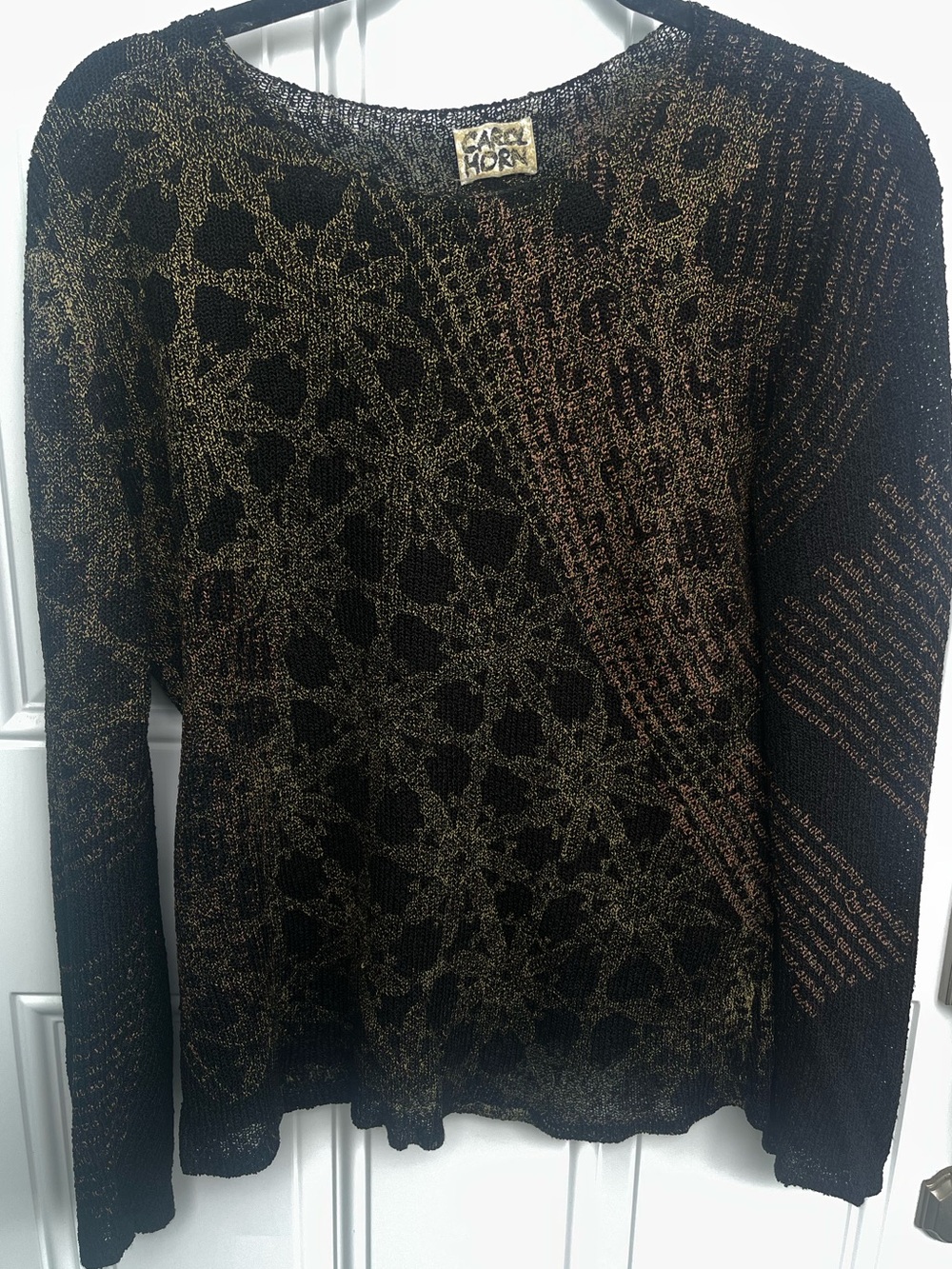 Carol Horn Vintage Boho Black Gold Knit Long Sleeve Abstract Sweater Large